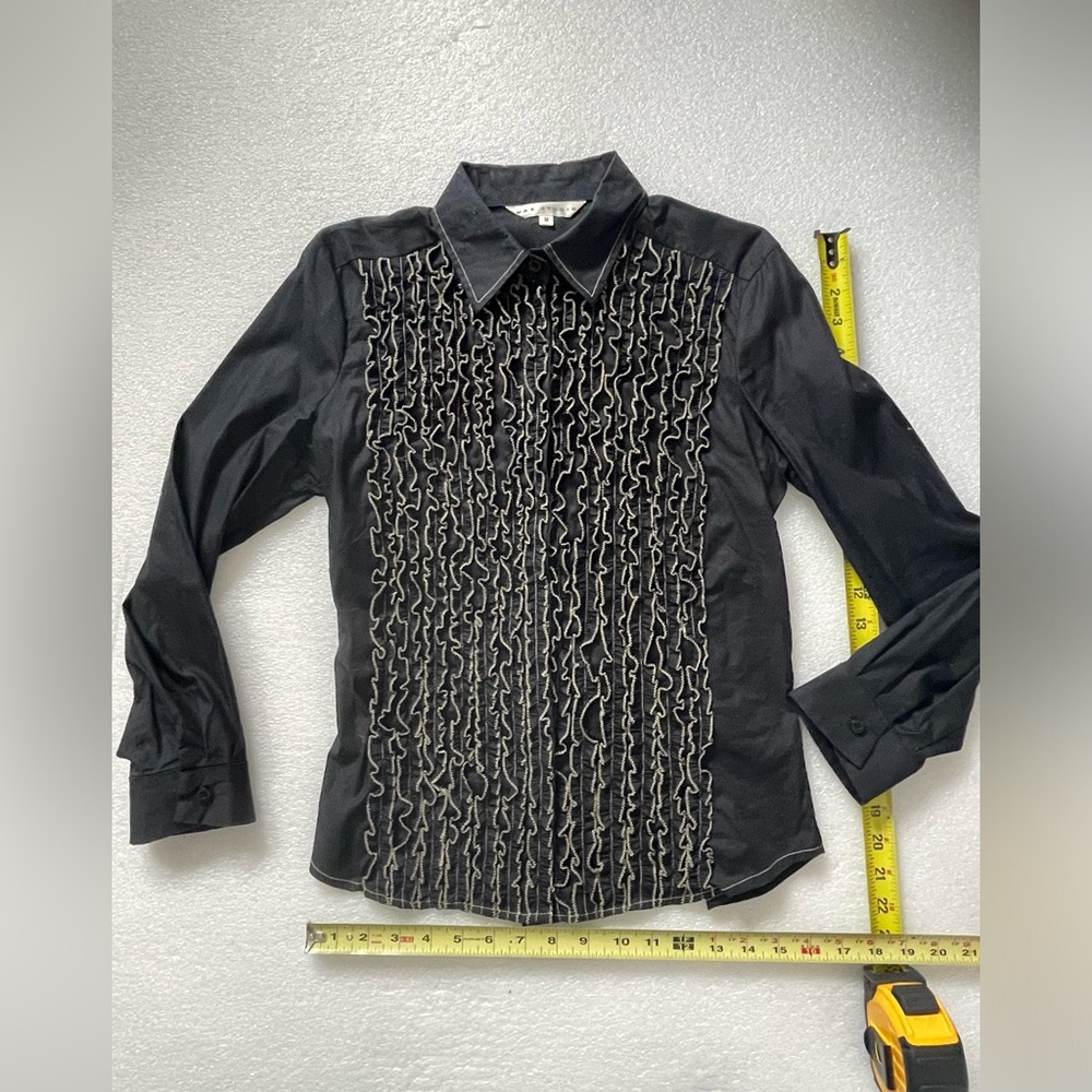Max Studio Top Women’s Black Long Sleeve Ruffled Button Up Slim Fit Shirt Sz M
